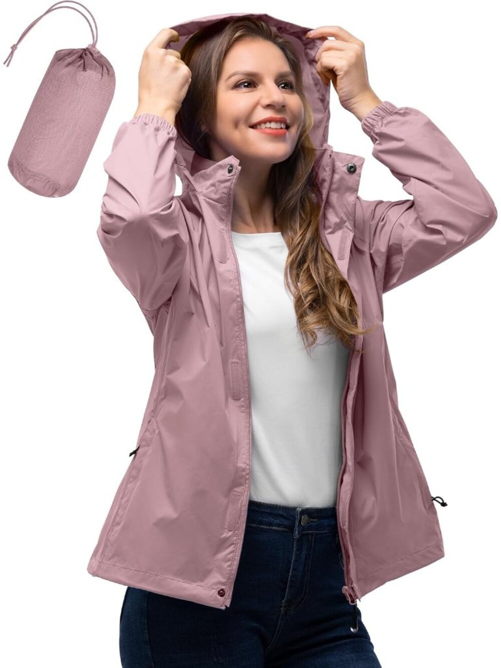 〽️Women Dry Rose Waterproof Packable Rain Jacket Hooded Lightweight Windbreaker